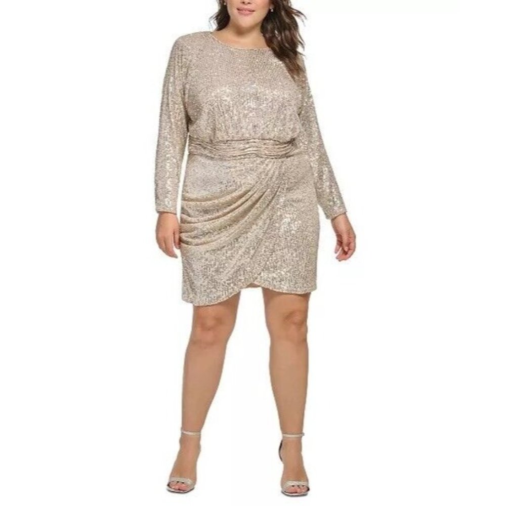 ELIZA J Womens 16 Gold Sequin Cocktail Wedding Formal Dress Long Sleeve New $208